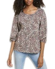 BOBEAU Women's Brown Animal Print Puff Long Sleeve Baby Doll Top Sz Medium