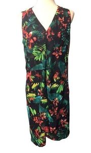 Chicos black background with bright tropical floral print. Vee neck, sleeveless