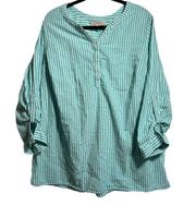 Seafoam Green Seersucker Blouse 1X Button Down Roll Tab Sleeve Cotton Striped