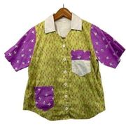 Handmade Women Patchwork Shirt SS ButtonUp Sz M/L? Green/Purple Mixed Media OOAK