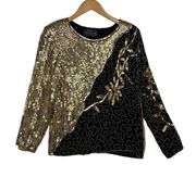 Vintage 80s Jean for Joseph Le Bon Gold and Black Sequin Floral Beaded Top Small