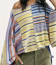 Multicolor Striped Drawstring Hem Knit Poncho