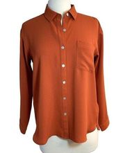 J JILL Campari Button Down Orange/Rust Crepe Long Sleeve Top Size Small Petite