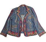 Vtg Y2K Coldwater Creek Boho Geometric Embroidered Denim Open Front Jacket M