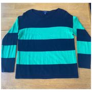 Chaps Knit Pullover Sweater Blue Green Color Block Striped Stretch, Size L