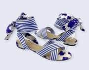 Tied Up Watercolor Blue Floral Striped Cotton Ankle Wrap Sandal 6013 8 NWOB