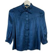 See By Chloe Size 4 Silk Blouse Blue Neck Tie Bow 3/4 Sleeve Classic Romantic