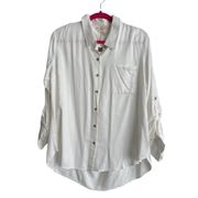 Hem & Thread Womens White Collared Button Up Roll Tab Sleeves Blouse New Large L