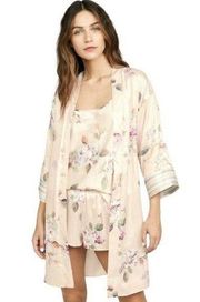 Flora Nikrooz Pink Spring Peony Floral Satin Wrap Kimono Sleeve Short Robe M/L