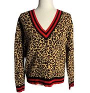 Asos Leopard Print V Neck Sweater 4 Brown Ribbed Knit Sport Trim Long Sleeves