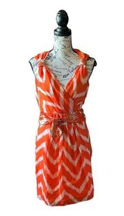 New York Orange Gold Chevron 100% Silk Sleeveless Mock Wrap Dress 4