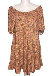 Wild Fable Dress Size Large Brown Cottagecore Ditsy Floral Mini Tiered Babydoll