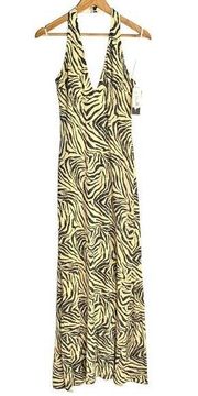 Vintage Jessica McClintock Zebra Print Disco Halter Glam Maxi Dress Size 8 Y2K