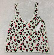 Good Luck Gem Cream Neon Printed Cheetah Animal Print Ribknit V-Neck Tank Top XS