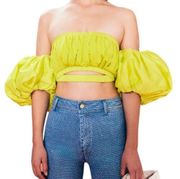 Cult Gaia Carly Off the Shoulder Puff Sleeve Crop Top Citron Size 6 NWT