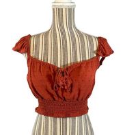 Live To Be Spoiled Rust Ruffled Tassel Tie Front Boho Crop Top Women Sz XL