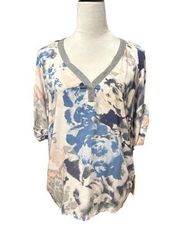 Juicy Couture Womens Blouse Pink Blue Floral 3/4 Sleeve V Neck Knit M New