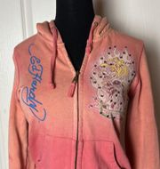 VTG ED HARDY CHRISTIAN AUDIGIER PINK OMBRE CRYSTAL ZIP UP HOODIE