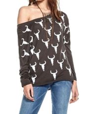 Bull Skull Graphic Off The Shoulder Wide Neck Long Sleeve T-Shirt Western