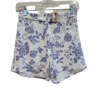 Gypsies & Moondust Linen Blend Blue Floral Belted Shorts High Waisted Size XS