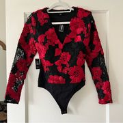 EXPRESS  Red & Black Rosette Floral Crochet Deep V Neck Long Sleeve Bodysuit XS