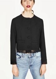 ZARA  Basic Collection Lace Trim Crop Blazer Black S