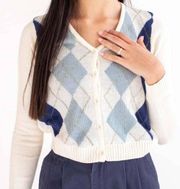 Love Tree Ivory & Blue Argyle Knit Cardigan Size Large