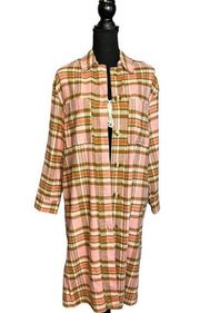 Polagram Plaid Flannel Duster Pastel Peach SMALL Shirt Dress Oversize NEW