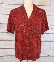 LIZ BAKER Button Down Short Sleeve Shirt Red Paisley Print-6