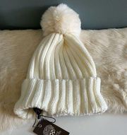 Vince Camuto Ivory Faux Fur Pom Pom Beanie Hat