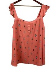 Torrid Tank Top 4 Coral Cactus Print Ruffle‎ Sleeveless Scoop Neck Plus 4X