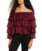 MinkPink Shimmer Off Shoulder Tiered Ruffle In The Moment Burgundy Top Medium