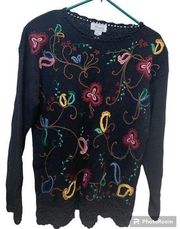 Vintage Margules size small cottagecore floral embroidered black sweater