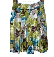 Floral Silk Skirt Blue Green Watercolor Abstract Preppy Artsy, size 2P