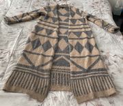 Aztec Tribal Beige and Gray Wool Blend Open Front Long Cardigan Duster, size M