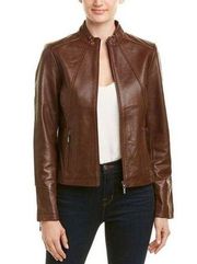 J. McLaughlin Brown Lamb Leather Fitted Moto Biker Full Zip Jacket Size Small