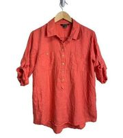 Ellen Tracy Shirt Womens Coral Roll Up Sleeve 100% Linen Size Large