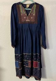 Vintage Papillon Boho Midi Maxi Long Sleeve Embroidered Patchwork Dress Navy M