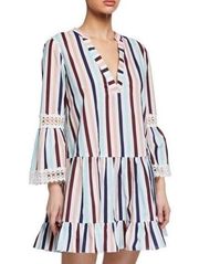 SHOSHANNA Women’s Umbrella Stripe Lace Trim Long Sleeve Tiered Swim Coverup MED