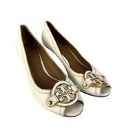 Tory Burch Wedge Heel Shoes Womens Size 8.5 White Leather Gold Trim Accents