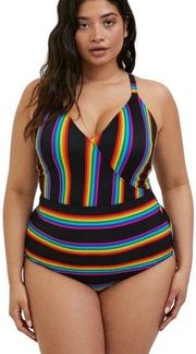 Torrid Swimsuit One Piece V Neck Rainbow Stripes Pattern Black Plus Womens 3X