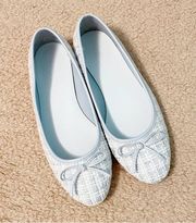 Design Baby Blue White Tweed Ribbon Bow Balletcore Ballet Flat Shoes