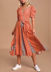 Lulus NWT -  Drop A Mix Coral Multi Floral Print Puff Sleeve Midi Dress - Size XS