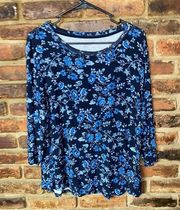 Westport Navy Blue Floral Embellished Long Sleeve Top Women's Size 1X