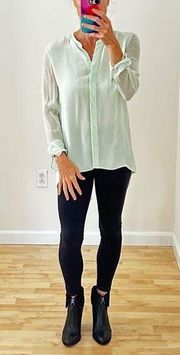 Mint Green 100% Silk Button Down Hi-Low Long Sleeve Blouse Sz Small