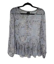 Ella Moss Blue Floral 100% Silk Sheer Blouse