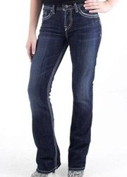 Silver Natsuki Dark Wash Denim Bootcut Women 25 Mid Rise Contrast Stitch Jeans