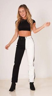 Revice Black White Denim Dream Fit XOXO Patchwork Mid Rise Straight Leg Jeans 31