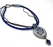 Chico’s layered beaded lapis blue color silver tone necklace jeweled pendant