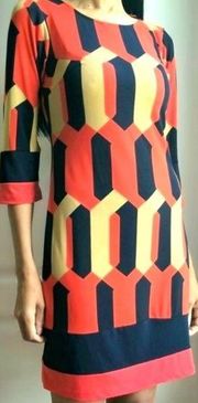 Enfocus Studio orange navy and tan sheath dress size 4